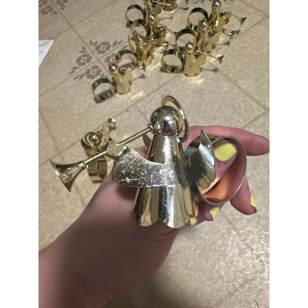 Vintage Gold Angel Napkin Rings Set of 11 Herald Trumpet Christmas Table Decor